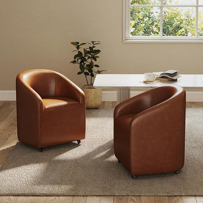 Modern Barrel Dining Chairs with Rolling Casters Set of 6, Upholstered PU Leather Swivel Dining Room Chairs with Wheels for Kitchen Living Room Home Office, Brown