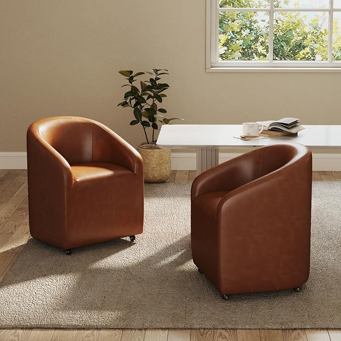 Modern Barrel Dining Chair with Rolling Casters, Upholstered PU Leather Swivel Dining Room Chair with Wheels for Kitchen Living Room Home Office, Brown