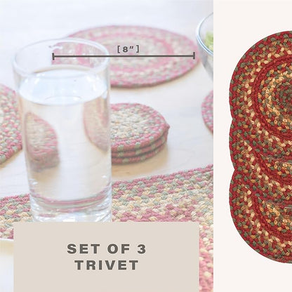 Homespice Cider Barn Jute Braided Trivets for Table, Warm Country Rustic Decor, Set of 3, Red 8" Round Heat Resistant Mats - Rich Colors, Easy to Clean, Durable and Protects Furniture
