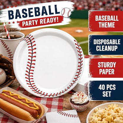 40 Pcs Baseball Plates And Napkins, Baseball Party Supplies, Serves 20 | - Image 3