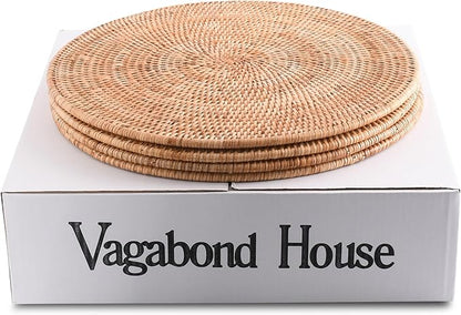 Vagabond House Handmade Rattan Chargers - Set of 4 Large, Durable, Natural Woven Wicker Rattan Placemats for Dinner Plates with Pewter Anchor - Perfect for Beach Home, Ocean and Coastal Themes