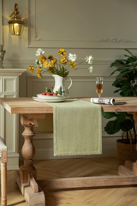 Burlap Style Farmhouse Table Runner, 14x72 Inches Light Sage Green | Thick - Image 3