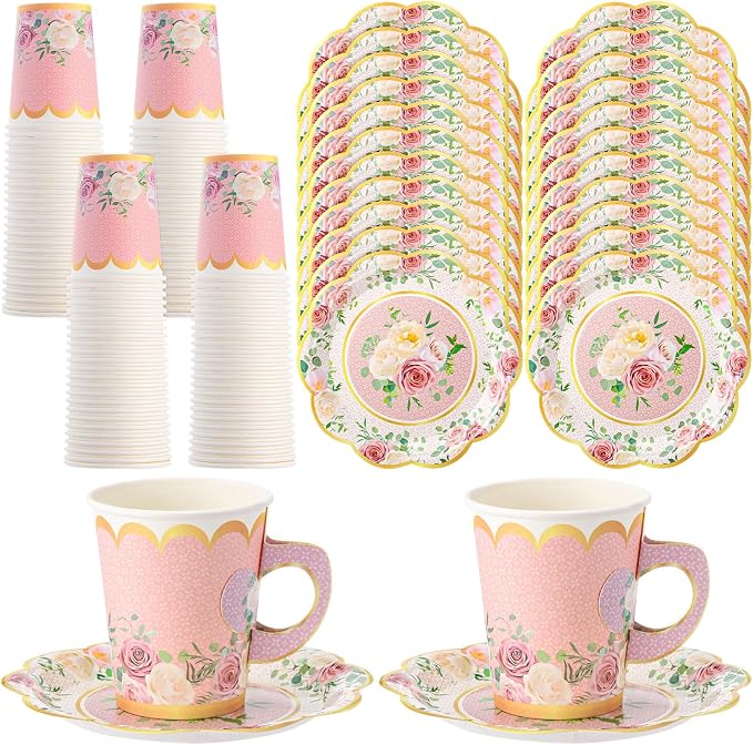 Tioncy 100 Pcs Tea Party Decorations Include 50 Pieces 9 oz Paper Tea Cups by Tioncy