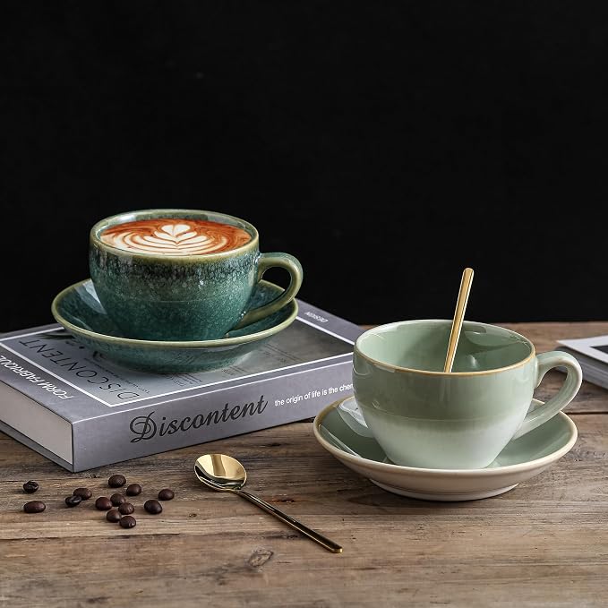 Porcelain Coffee Cup with Saucer Spoon, Vintage Design Ceramic Latte Art - Image 3