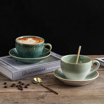 Porcelain Coffee Cup with Saucer Spoon, Vintage Design Ceramic Latte Art - Image 3