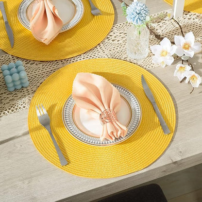 AHHFSMEI Round Braided Placemats 15 Inch Round Table Mats for Dining Tables Natural Woven Heat Resistant Place mats Set of 4 (Yellow,4)