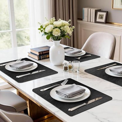 Faux Leather Placemats Set of 6, Washable Place Mats, Wipeable Waterproof Oil-Proof Heat Resistant Table Mats, Non-Slip Vinyl Placemats Rectangular Place Mat for Table Indoor Outdoor (Black)