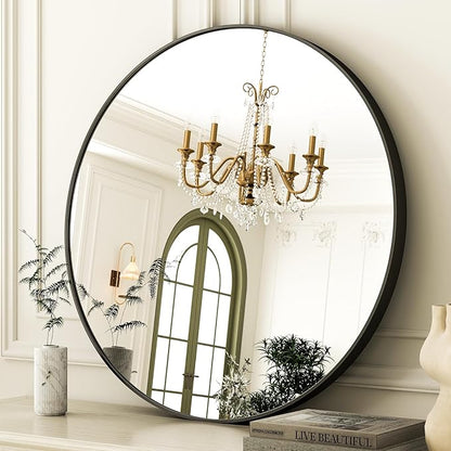 36 Inch Round Bathroom Mirror - Black Wall Mounted Circle Mirror with Metal Frame, Modern Round Hanging Mirror Suitable for Bathroom, Vanity, Entryway, Living Room