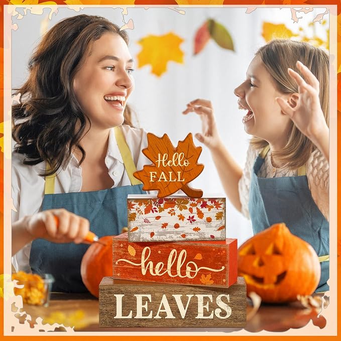 Moucuny 4 Pcs Fall Decor Wooden Maple Leaf Decoration Thanksgiving Tiered Tray - Image 6
