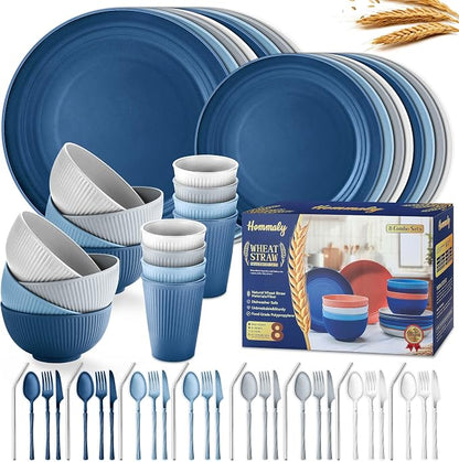 Wheat Straw Dinnerware Sets, 64-Piece Plates and Bowls Sets by HOMMALY