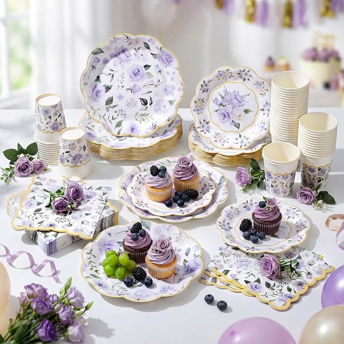 Funnymoom 250 Pcs Floral Party Decoration Flower Paper Plates Napkins and Cups - Image 4