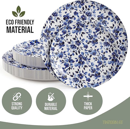 Trendables Heavy Duty Paper Plates Set For 16 Guests - 16 Each Of 8-inch And 10-inch Disposable Plates For Party - Fancy 32 Piece Dinnerware Set For All Occasions | Floral Design, Bluebelle