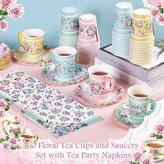 SUMMORO 180 Pcs Floral Paper Tea Cups and Plates 9 OZ Disposable Paper TeaCups - Image 4