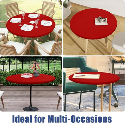 Round Spandex Christmas Tablecloth 2 Pack, Elastic Fitted Waterproof Tablecloths for 31"-35" Tables, Stretch Washable Picnic Table Cover for Camping, Dining, Indoor and Outdoor, Red