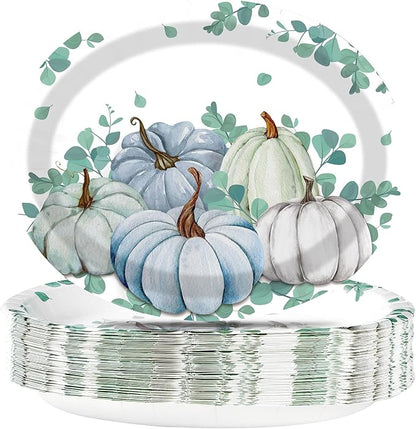 50Pcs Fall Oval Paper Plates Thanksgiving Plates Large 10" X 12" Disposable 400GSM Blue and White Pumpkin Plate for Little Pumpkin Baby Shower Fall Harvest Party Thanksgiving Party Decorations