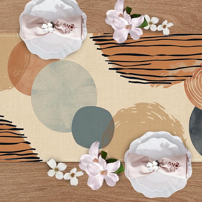 Boho Modern Geometric Dining Table Runner, Circle Abstract Art Burlap | Kitchen - Image 4