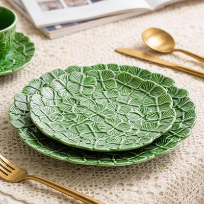 KAMMAK Ceramic Decorative Plate Set of 2, Porcelain Plates for Kitchen Dining Room Wine Cabinet Home Decor, Vintage Collector Plates with 2 Display Stand, Green Flowers (8-inch + 10-inch)