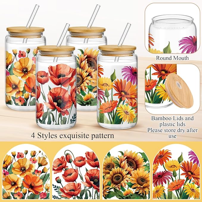 Mumufy 4 Pack Wildflower Glass Cups Gift Aesthetic Cute Glass Cup Tumbler - Image 3