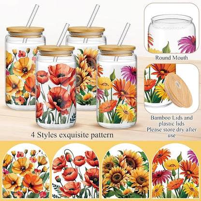 Mumufy 4 Pack Wildflower Glass Cups Gift Aesthetic Cute Glass Cup Tumbler - Image 3