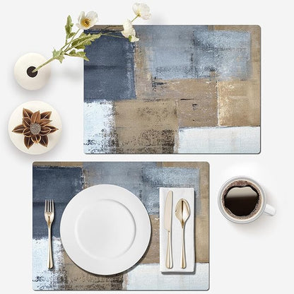 Mcalk Brown Table Runner and Placemats Set of 6, Abstract Dark Grey Placemats, Modern Cloth Place Mats Indoor for Kitchen,Washable Linen Material for Dining Table