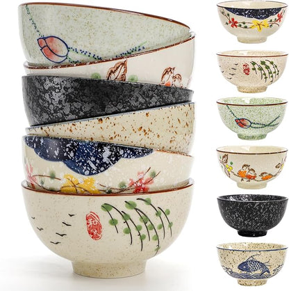 6 Pack Retro Ceramic Bowls, 4.5 Inch Japanese Rice Bowl | 10 Oz Small Soup by Nagpew