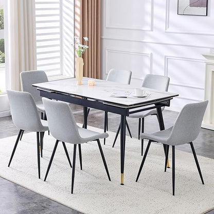 Extendable Dining Table Set for 6, 55'' to 78.8'' Rectangular Thickened Sintered Stone Kitchen Table with 6 Upholstered Chairs, Modern Space Saving 7-Piece Dinner Table Set