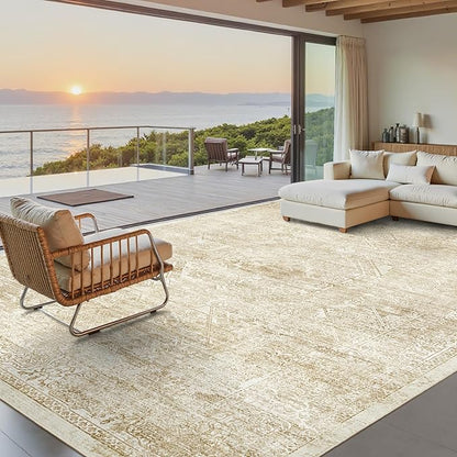Washable Area Rug 9x12, Large Soft Rugs for Living Room Vintage Beige Rug 9x12 Area Rugs for Bedroom Dining Room Floral Non-Slip Thin Rug