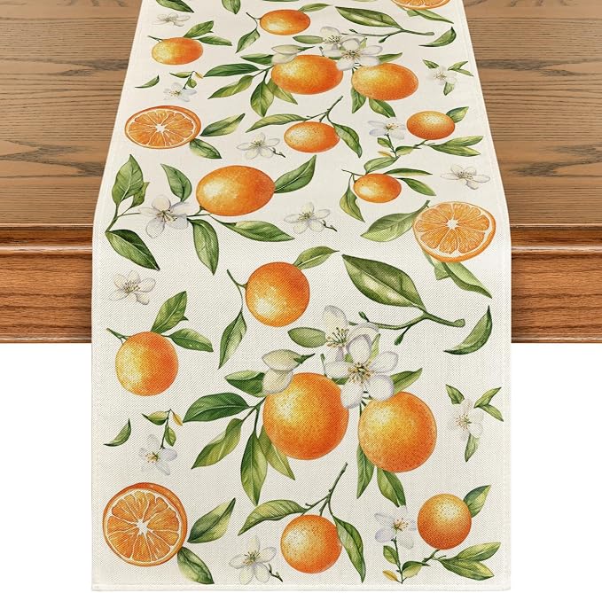 Artoid Mode Orange Wildflowers Leaves Summer Table Runner, Seasonal Spring by ArtoidMode