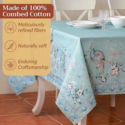 Maison d' Hermine Premium Table Cloth Square Table 100% Combed Cotton 70 x 70 Inches Tablecloth Reusable Decorative for Dining Room, Home, Party, Festive & Wedding - Peacock Utopia - Pastel Turquoise
