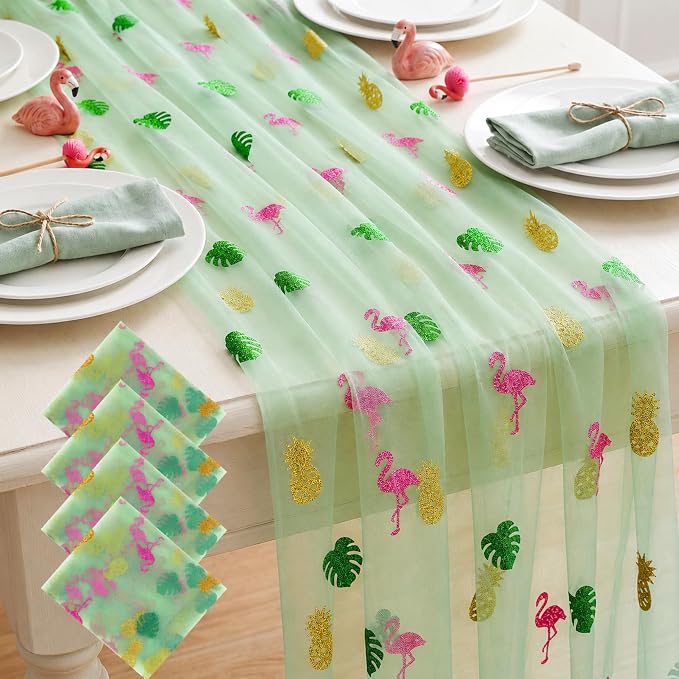 4 Pcs Flamingo Table Runners 29 x 70 Inch Tropical Table Runner Flamingo Palm by Windkream