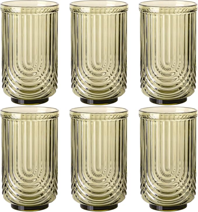 Green Vintage Drinking Glasses Set of 6-17oz Hand-Blown Highball Ribbed by TrophyToast