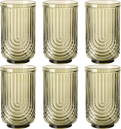 Green Vintage Drinking Glasses Set of 6-17oz Hand-Blown Highball Ribbed by TrophyToast