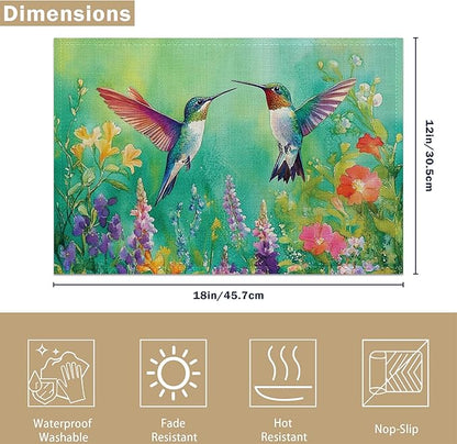 Hummingbird 12x18 Inch Placemats Set of 6 - Waterproof, Non-Slip & Washable Vintage Spring Flower Birds Table Mats for Kitchen & Dining Table Placemats