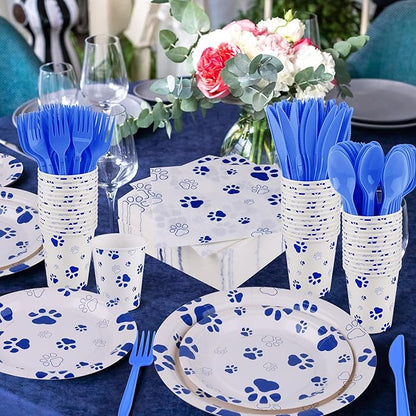 Kochorie 400 Pieces Blue Paw Disposable Party Tableware Sets Dog Puppy Supplies Including Plates Cups Napkins Cutlery Serves 50 for Birthday Puppy Theme Party Decorations