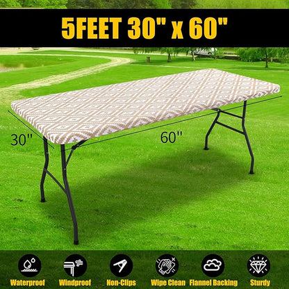 Smiry Rectangle Table Cloth Cover, Waterproof Elastic Fitted Picnic Tablecloth for 5 Foot Tables, Wipeable Flannel Backed Vinyl Tablecloths for Camping, Dining, Outdoor (Khaki, 30" x 60")