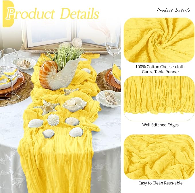 6 Pack Lemon Yellow Cheesecloth Table Runner 17x108 Inch Semi Sheer Boho Gauze - Image 3