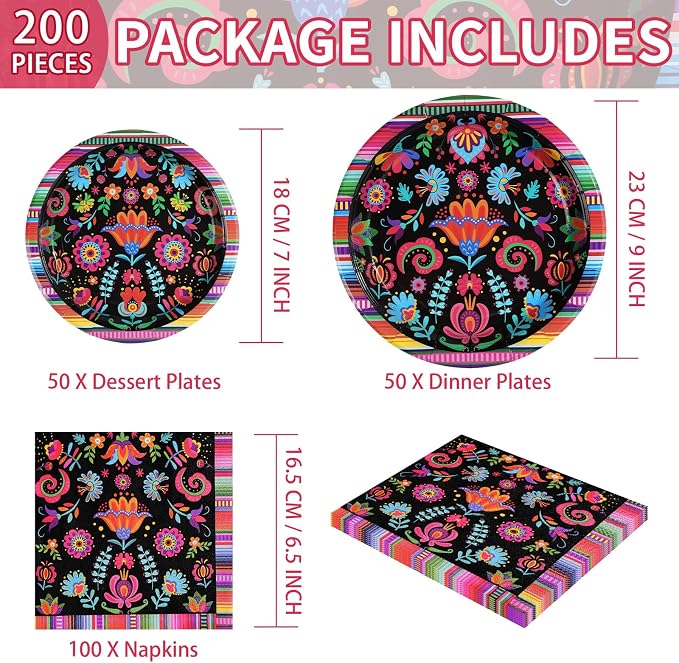 Grencian 200Pcs Mexican Fiesta Party Decorations, Serves 50 | Colorful Mexico - Image 2