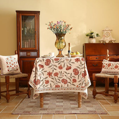 ISAENNE Designer French Extra Long Rectangular Tablecloth,Linen Orange Floral Pattern Indoor Table Cloth,Wrinkle Resistant Decor Table Cloth for Dining Thanksgiving Kitchen,63"*110"-Alvarado D