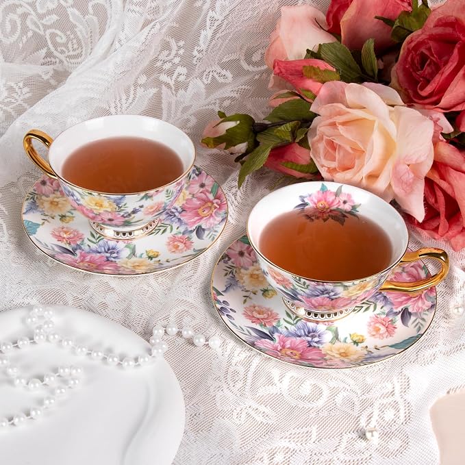 KAMMAK Tea Cups and Saucers Set of 2, Porcelain Coffee Cups, JBE018 | Stackable - Image 5