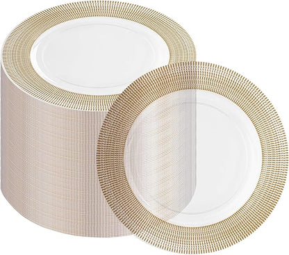 PARTY BARGAINS 13-Inch Charger Plates - 48 Pack, Clear Gold Textured Rim, Heavy-Duty Disposable Chargers for Elegant Dining - Ideal for Weddings and Formal Events
