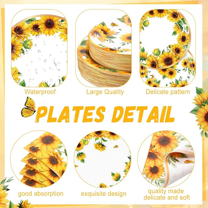 250 Pcs Sunflower Party Decorations Include Sunflower Paper Plates Napkins and - Image 2