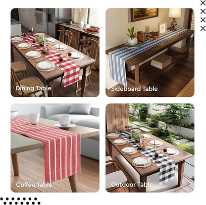 Encasa XO Table Runner, Woven Cotton Dining Runner 13"x94" Franca Beige Checks - Image 8