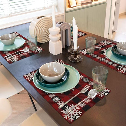 Christmas Placemats Set of 4 Vintage Red Black Buffalo Plaid Snowflake Decor Place Mats 12x18 Inch Xmas Winter Holiday Decorative Linen Table Mats for Home Kitchen Dining Party Table Decoration
