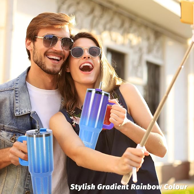40 oz Shiny Tumbler with Handle and Straw, Stainless Steel Tumbler with Lid and - Image 8