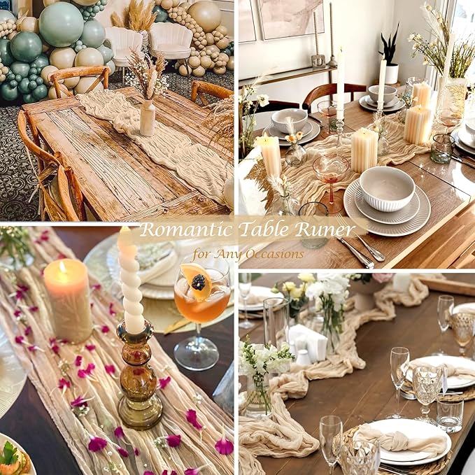 3 Pack Champagne Table Runner Summer Boho Cheesecloth Table Runner Gauze Table - Image 5