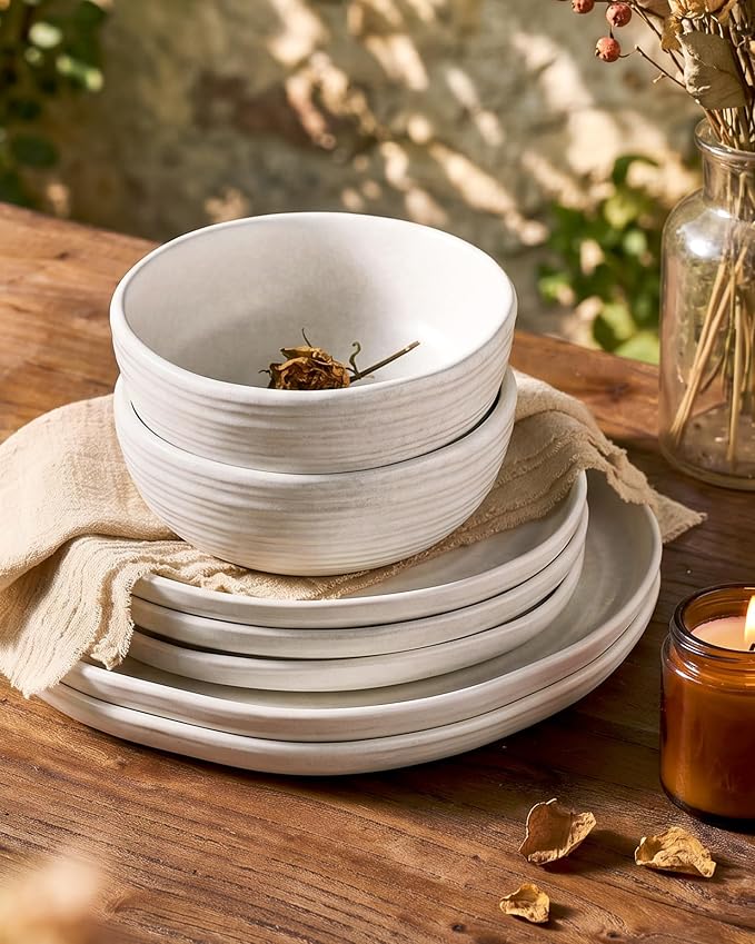 Famiware Pluto 12-Piece Stoneware Dinnerware Set, Matte Beige White | Double - Image 4