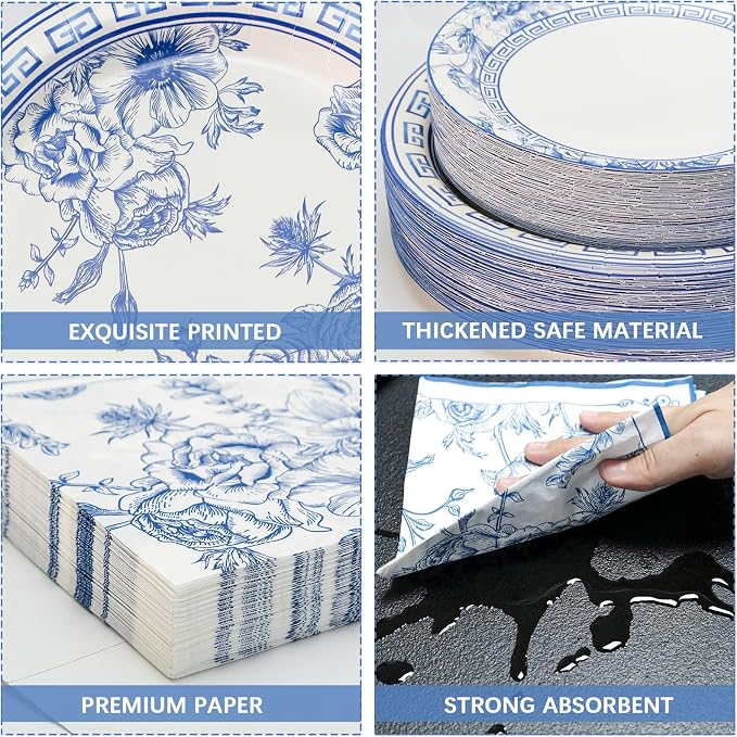 180PCS Blue White Paper Plates and Napkins Party Supplies Serve 60 | Disposable - Image 3