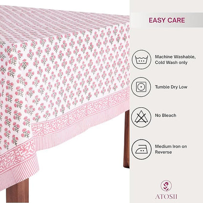 ATOSII Gulbahar White Pink 100% Cotton Fall Rectangle Tablecloth, Handblock Print Floral Table Cloth for Kitchen Dining Linen I Thanksgiving Christmas Weddings Outdoors I 72 X 108 Inches I 8 Seater