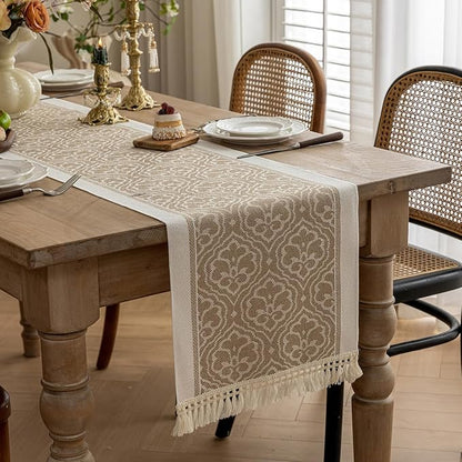 Coffee Scroll Linen Table Runner by UWWGKK