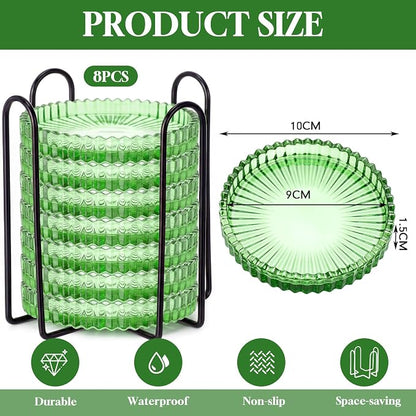 8 Pcs Glass Coasters with Holder Clear Drink Coasters Crystal Round Beverage - Image 2